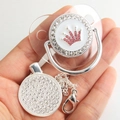 Pink crown baby pacifier with rhinestones and matching metal clip chain accessory - Transparent Silver Crown