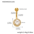 Detailed view of gold stainless steel belly ring with zircon stone and size dimensions - H005-Round / 1.55x11.4mm / Gold