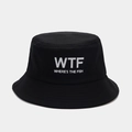 Détail d'un chapeau bob en coton noir avec imprimé WTF et coutures renforcées sur le bord - Imprimé Humour WTF FISH (7# Noir)