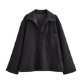 Women's dark grey casual lapel top and wide-leg pants set with a chest pocket - XS / Top Only
