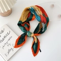 Pleated square scarf with colorful floral print in orange, green, yellow and blue - 70cm / Orange Colorful Ginkgo Leaf
