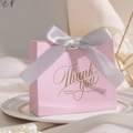 Pink paper gift bag with silver satin bow and gold Thank You lettering for wedding favors - Small / Pink THANK YOU (Silver Ribbon)