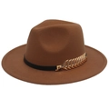 Detail of a brown fedora hat featuring a black ribbon and golden leaf metal buckle - M(56-58cm) / Khaki (Golden Leaf)