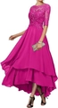 Elegant magenta high-low evening dress with floral lace bodice and short sleeves - US 2 / Tops / Hot Pink
