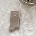Oatmeal speckled knit mid-calf sock with shell button detail on ribbed cuff - One Size / Khaki