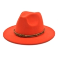 Detail of orange wool fedora featuring a brown braided band and bronze skull ornament - M (56-58cm) / Orange Red
