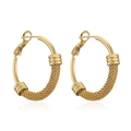 Detailed close-up of golden C-shaped hoop earrings with woven mesh texture and knots - Woven Mesh Knot