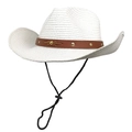 Close-up of white woven straw cowboy hat with brown leather band and gold studs detail - M(56-58cm) / Pure White
