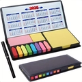 Close-up of a 2025 calendar notepad set with black PU leather cover and colored sticky notes - Black Long / 100 per color / With Pen