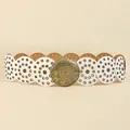Vintage bohemian wide waist belt with white and brown leather circles and carved metal buckle - Antique Bronze White