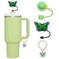 Green butterfly straw topper set with silicone dust cap and metal chain charm - Suitable for 10mm Straws / Green Zirconia Set