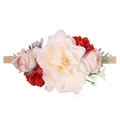 Floral baby nylon headband with cream peony, purple roses and green leaves on khaki strap - Style 43 (43)