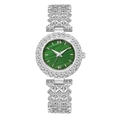 Silver luxury women's watch with emerald green malachite dial and rhinestone accents - Silver Green Face