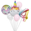 7-piece unicorn birthday balloon set featuring a rainbow gradient number 4 and pastel colors - Birthday Unicorn Set Number 4