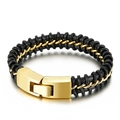 Herren Punk Hip-Hop Lederarmband mit schwarzer Kordel und goldenem Edelstahlverschluss - Gold (KB47343-D)