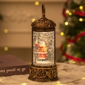 Lanterne de Noël bronze vintage avec figurine du Père Noël et effet boule à neige brillante - Père Noël tenant un ours