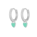 Elegant heart-shaped hoop earrings with mint green enamel and sparkling crystals - White Gold Plated Turquoise