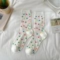 White hollow mesh crew socks with colorful heart patterns on a minimalist background - One Size / Colorful Heart