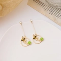 Golden bee and green daisy dangle earrings featuring Queen lettering and cubic zirconia - Gold Vintage Bee Daisy Queen Dangle
