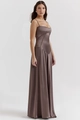Detailed view of the chocolate satin evening dress with structured stitching and fine texture - S / Solid Brown