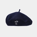 Detailed embroidery of a white coconut tree on a navy blue wool beret hat - Navy Blue