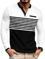 Polo homme à manches longues ajusté avec rayures horizontales noires et blanches et col V - S / Blanc