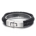 Men's trendy black braided leather cord bracelet with polished stainless steel clasp - Black Multi-layer Woven Style (KB49346-D)