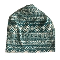 Detail of ethnic geometric pattern fabric on a teal and white bohemian style beanie - Ins Green Square