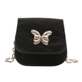 Elegante bolso bandolera de terciopelo negro con mariposa plateada y cadena en blanco - Negro