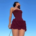 Elegant strapless cocktail dress in deep red with 3D rose floral texture and sky background - XS / Burgundy