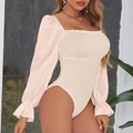 Slim fit long sleeve bodysuit in pale pink with square neck and ruffle cuffs - S / Top And Bottom / Apricot