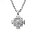 Collar cruz de San Benito de acero inoxidable plateado con grabados latinos detallados - Cadena 3mm*60cm / Color Acero