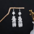 Ethnic vintage silver floral drop earrings with hollow spheres and long pointed tassels - Flower Seiko Hollow Ball Tassel Style (E919-3)
