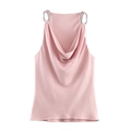 Pink satin camisole top with metal chain straps and draped neckline on white background - XS / Pink