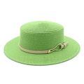 Classic green straw boater hat with beige ribbon and golden wave metal buckle for summer - M (56-58cm) / Grass Green