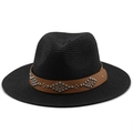 Classic black straw fedora hat with a brown leather band and silver rivet studs - M (56-58cm) / Black