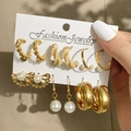 Set of 6 vintage gold-tone geometric earrings with pearls and crystals for women - E069/Elegant Style / Gold/White