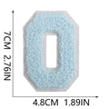 Macro detail of a 7cm light blue chenille letter O patch with dimensions on white background - Letter O / Light Blue