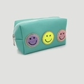 Mint green PU makeup bag with three colorful chenille smiley face patches and silver zipper - Green (Three Smileys Style)