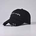 Detail of distressed black denim baseball cap with silver rings and white embroidery - Adjustable / Black