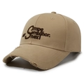 Vintage khaki washed cotton baseball cap with 3D embroidery and distressed ripped details - Deep Beige