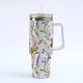 Detailed view of 40oz stainless steel tumbler with elegant floral pattern and straw - 40oz / Tulip Lavender-4