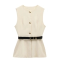 Mouwloos crèmekleurig vest met gouden knopen en een smalle zwarte leren riem accessoire - XS / Crèmewitte Top