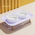 Lavendelviolette erhöhte Katzennäpfe aus Keramik mit Holzbeinen für gesundes Füttern - Doppel Keramikschalen Tisch Set / Lavendel