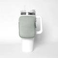 Close-up of a gray neoprene storage pouch with zipper attached to a 40oz white tumbler handle - Single Pocket Grey