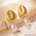 Detail view of golden leaf pearl earrings showing precise dimensions and elegant texture - Stainless Steel Leaf Pearl Drop