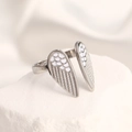 Adjustable silver wing ring featuring white enamel feathers and a minimalist open design - Adjustable Open / Steel Color Wings White