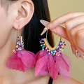 Pendientes elegantes de flores de malla rosa con cuentas de colores para el verano - 12# Estilo de Flor de Malla Grande Rosa Dorada / Dorado/Rosa