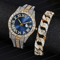 Close-up of luxury iced-out watch with blue dial and matching two-tone Cuban bracelet set - Two-Tone / Blue Watch + Bracelet