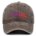 Close-up of FedUp embroidery on washed vintage cotton distressed baseball cap - Coffee